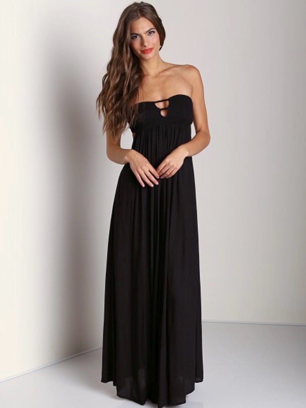 Indah Strapless Black Maxi Dress with Front Cutout